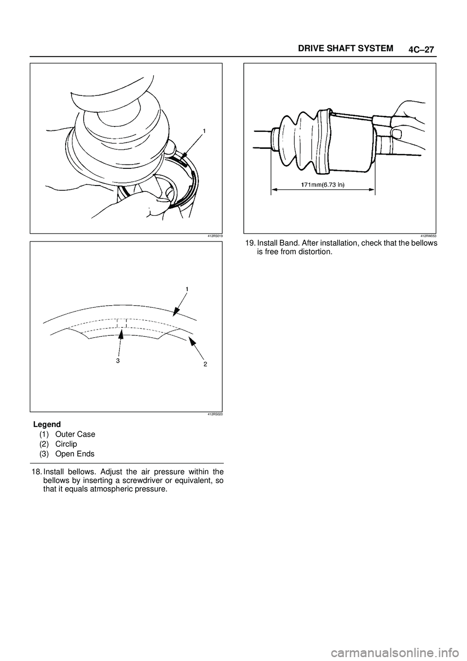 ISUZU TROOPER 1998 Service Repair Manual 4C±27 DRIVE SHAFT SYSTEM
412RS019
412RS020
Legend
(1) Outer Case
(2) Circlip
(3) Open Ends
18. Install bellows. Adjust the air pressure within the
bellows by inserting a screwdriver or equivalent, so ISUZU TROOPER 1998 Service Repair Manual 4C±27 DRIVE SHAFT SYSTEM
412RS019
412RS020
Legend
(1) Outer Case
(2) Circlip
(3) Open Ends
18. Install bellows. Adjust the air pressure within the
bellows by inserting a screwdriver or equivalent, so