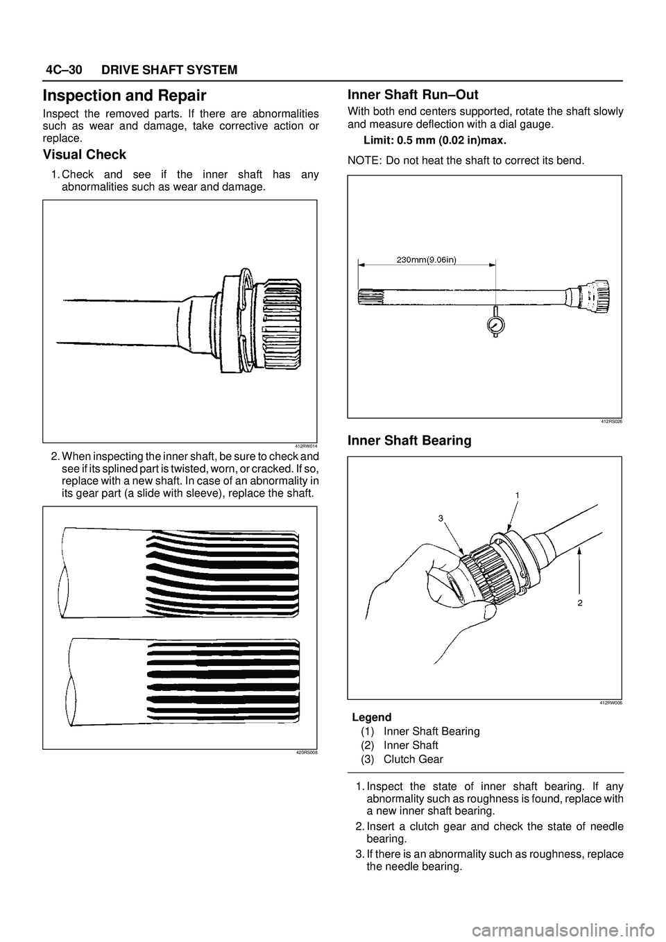 ISUZU TROOPER 1998 Service Repair Manual 4C±30
DRIVE SHAFT SYSTEM
Inspection and Repair
Inspect the removed parts. If there are abnormalities
such as wear and damage, take corrective action or
replace.
Visual Check
1. Check and see if the i ISUZU TROOPER 1998 Service Repair Manual 4C±30
DRIVE SHAFT SYSTEM
Inspection and Repair
Inspect the removed parts. If there are abnormalities
such as wear and damage, take corrective action or
replace.
Visual Check
1. Check and see if the i