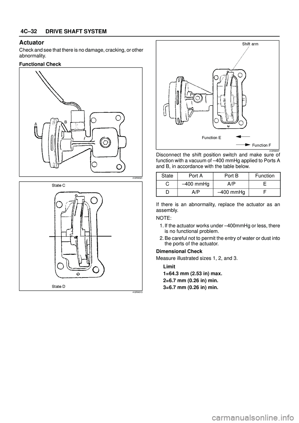ISUZU TROOPER 1998 Service Repair Manual 4C±32
DRIVE SHAFT SYSTEM
Actuator
Check and see that there is no damage, cracking, or other
abnormality.
Functional Check
412RW021
412RW013
412RW007Disconnect the shift position switch and make sure ISUZU TROOPER 1998 Service Repair Manual 4C±32
DRIVE SHAFT SYSTEM
Actuator
Check and see that there is no damage, cracking, or other
abnormality.
Functional Check
412RW021
412RW013
412RW007Disconnect the shift position switch and make sure