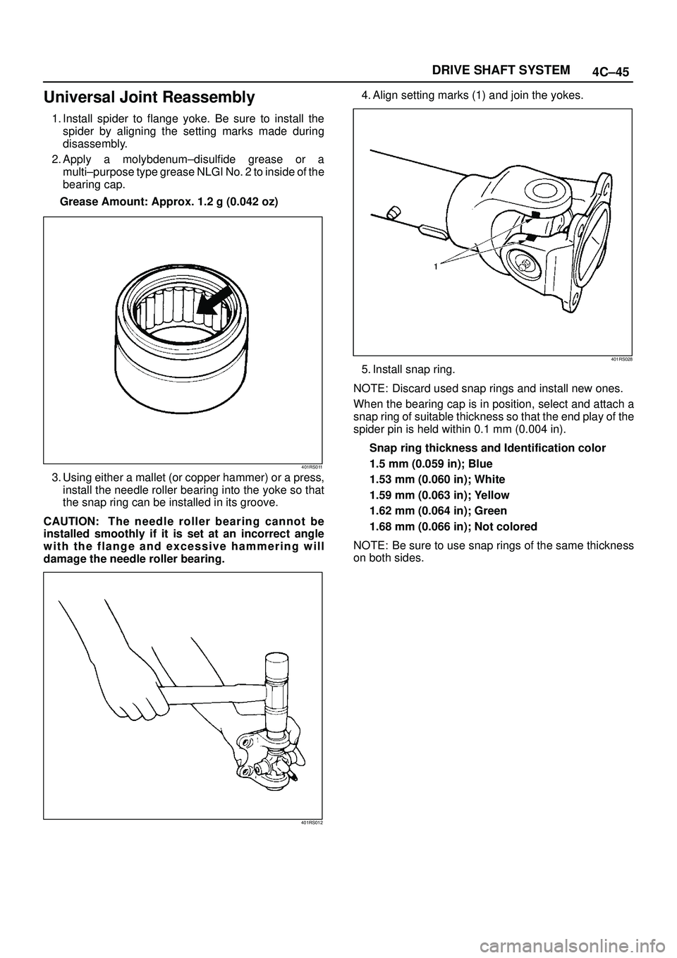 ISUZU TROOPER 1998  Service Repair Manual 4C±45 DRIVE SHAFT SYSTEM
Universal Joint Reassembly
1. Install spider to flange yoke. Be sure to install the
spider by aligning the setting marks made during
disassembly.
2. Apply a molybdenum±disul