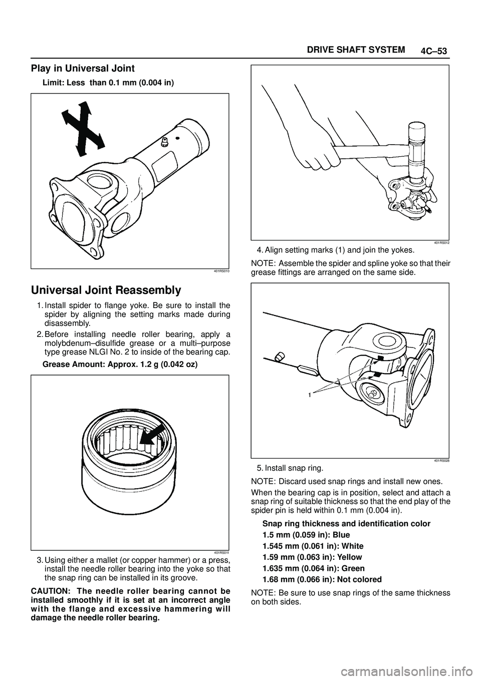 ISUZU TROOPER 1998 Service Repair Manual 4C±53 DRIVE SHAFT SYSTEM
Play in Universal Joint
Limit: Less than 0.1 mm (0.004 in)
401RS010
Universal Joint Reassembly
1. Install spider to flange yoke. Be sure to install the
spider by aligning th ISUZU TROOPER 1998 Service Repair Manual 4C±53 DRIVE SHAFT SYSTEM
Play in Universal Joint
Limit: Less than 0.1 mm (0.004 in)
401RS010
Universal Joint Reassembly
1. Install spider to flange yoke. Be sure to install the
spider by aligning th