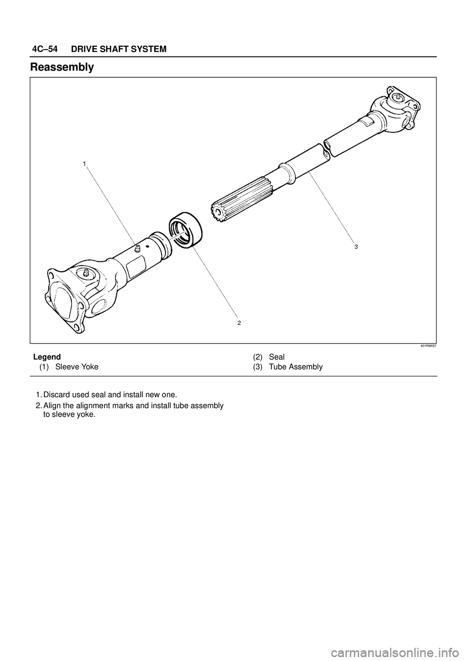 ISUZU TROOPER 1998  Service Repair Manual 4C±54
DRIVE SHAFT SYSTEM
Reassembly
401RW057
Legend
(1) Sleeve Yoke(2) Seal
(3) Tube Assembly
1. Discard used seal and install new one.
2. Align the alignment marks and install tube assembly
to sleev