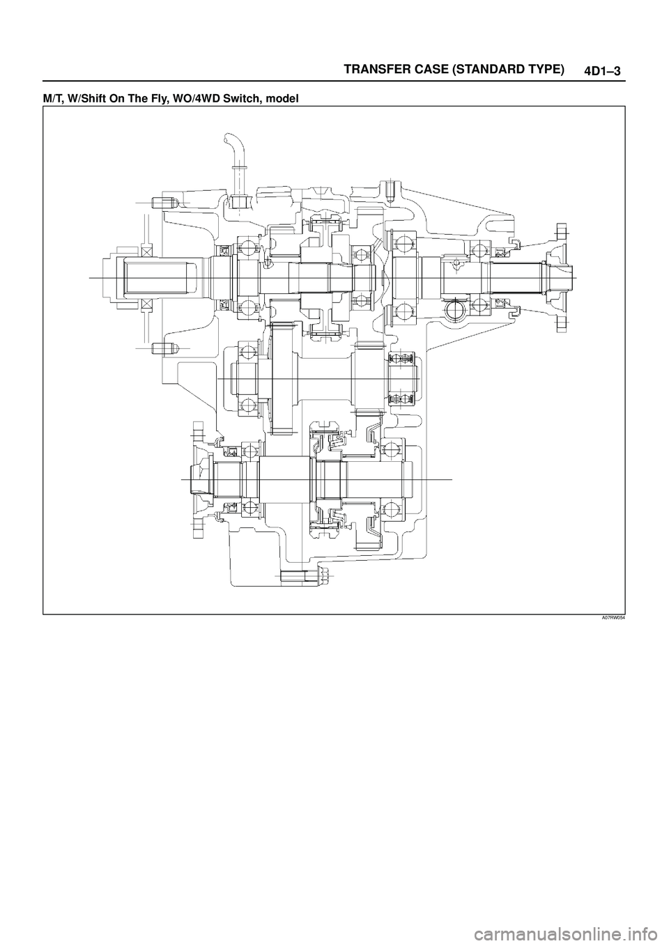 ISUZU TROOPER 1998 Service Repair Manual TRANSFER CASE (STANDARD TYPE)
4D1±3
M/T, W/Shift On The Fly, WO/4WD Switch, model
A07RW054 ISUZU TROOPER 1998 Service Repair Manual TRANSFER CASE (STANDARD TYPE)
4D1±3
M/T, W/Shift On The Fly, WO/4WD Switch, model
A07RW054