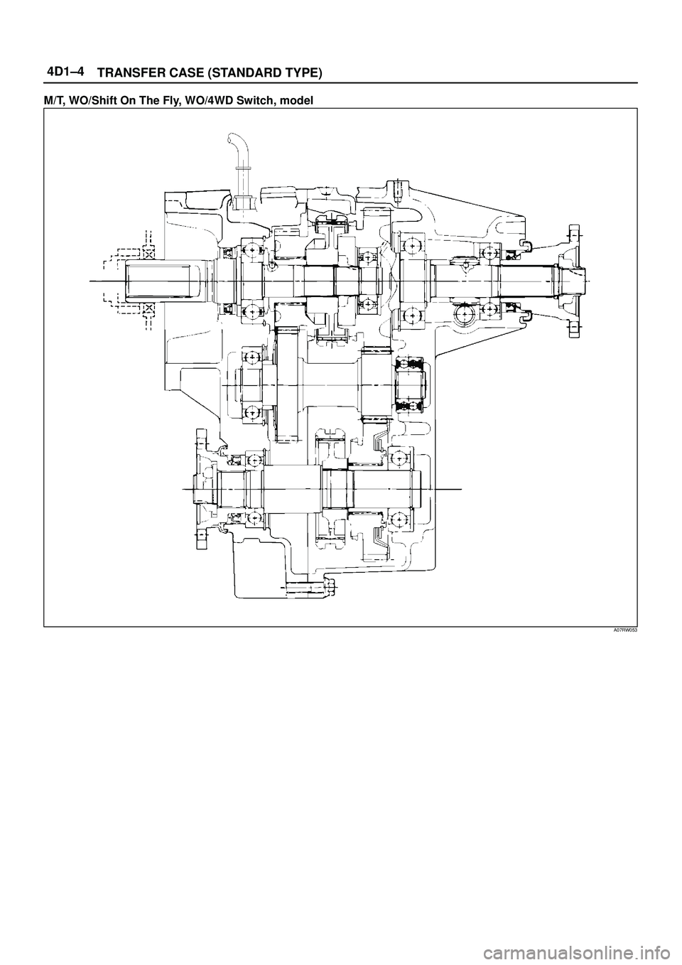 ISUZU TROOPER 1998 Service Repair Manual 4D1±4
TRANSFER CASE (STANDARD TYPE)
M/T, WO/Shift On The Fly, WO/4WD Switch, model
A07RW053 ISUZU TROOPER 1998 Service Repair Manual 4D1±4
TRANSFER CASE (STANDARD TYPE)
M/T, WO/Shift On The Fly, WO/4WD Switch, model
A07RW053