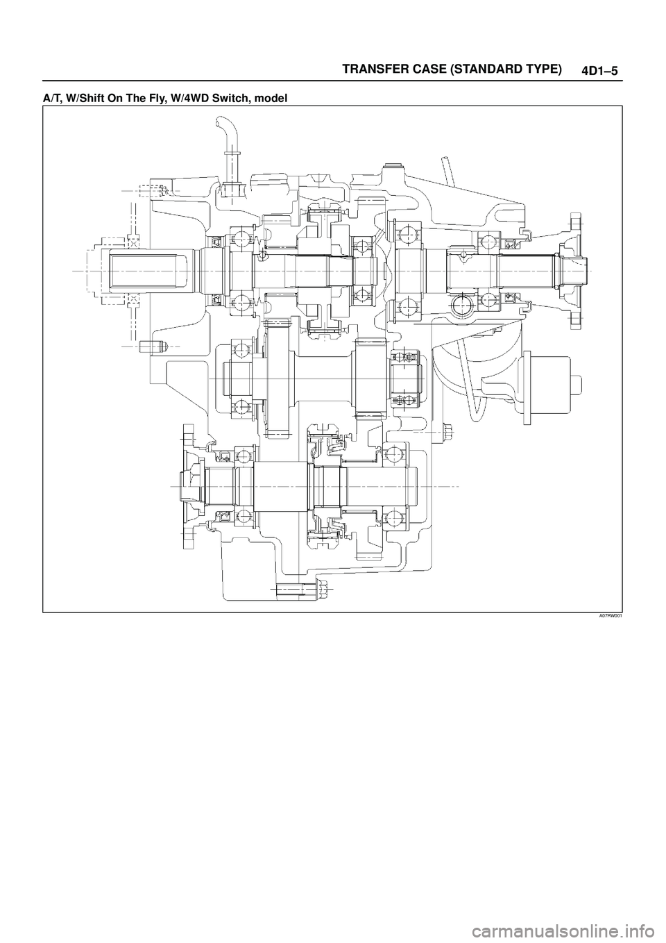 ISUZU TROOPER 1998 Service Repair Manual TRANSFER CASE (STANDARD TYPE)
4D1±5
A/T, W/Shift On The Fly, W/4WD Switch, model
A07RW001 ISUZU TROOPER 1998 Service Repair Manual TRANSFER CASE (STANDARD TYPE)
4D1±5
A/T, W/Shift On The Fly, W/4WD Switch, model
A07RW001