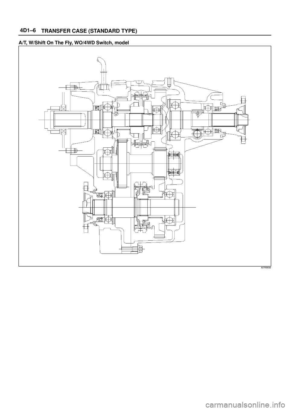 ISUZU TROOPER 1998 Service Repair Manual 4D1±6
TRANSFER CASE (STANDARD TYPE)
A/T, W/Shift On The Fly, WO/4WD Switch, model
A07RW056 ISUZU TROOPER 1998 Service Repair Manual 4D1±6
TRANSFER CASE (STANDARD TYPE)
A/T, W/Shift On The Fly, WO/4WD Switch, model
A07RW056