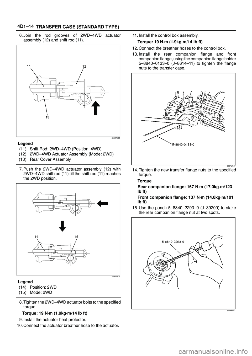 ISUZU TROOPER 1998 Service Repair Manual 4D1±14
TRANSFER CASE (STANDARD TYPE)
6. Join the rod grooves of 2WD±4WD actuator
assembly (12) and shift rod (11).
220RW030
Legend
(11) Shift Rod: 2WD±4WD (Position: 4WD)
(12) 2WD±4WD Actuator Ass ISUZU TROOPER 1998 Service Repair Manual 4D1±14
TRANSFER CASE (STANDARD TYPE)
6. Join the rod grooves of 2WD±4WD actuator
assembly (12) and shift rod (11).
220RW030
Legend
(11) Shift Rod: 2WD±4WD (Position: 4WD)
(12) 2WD±4WD Actuator Ass