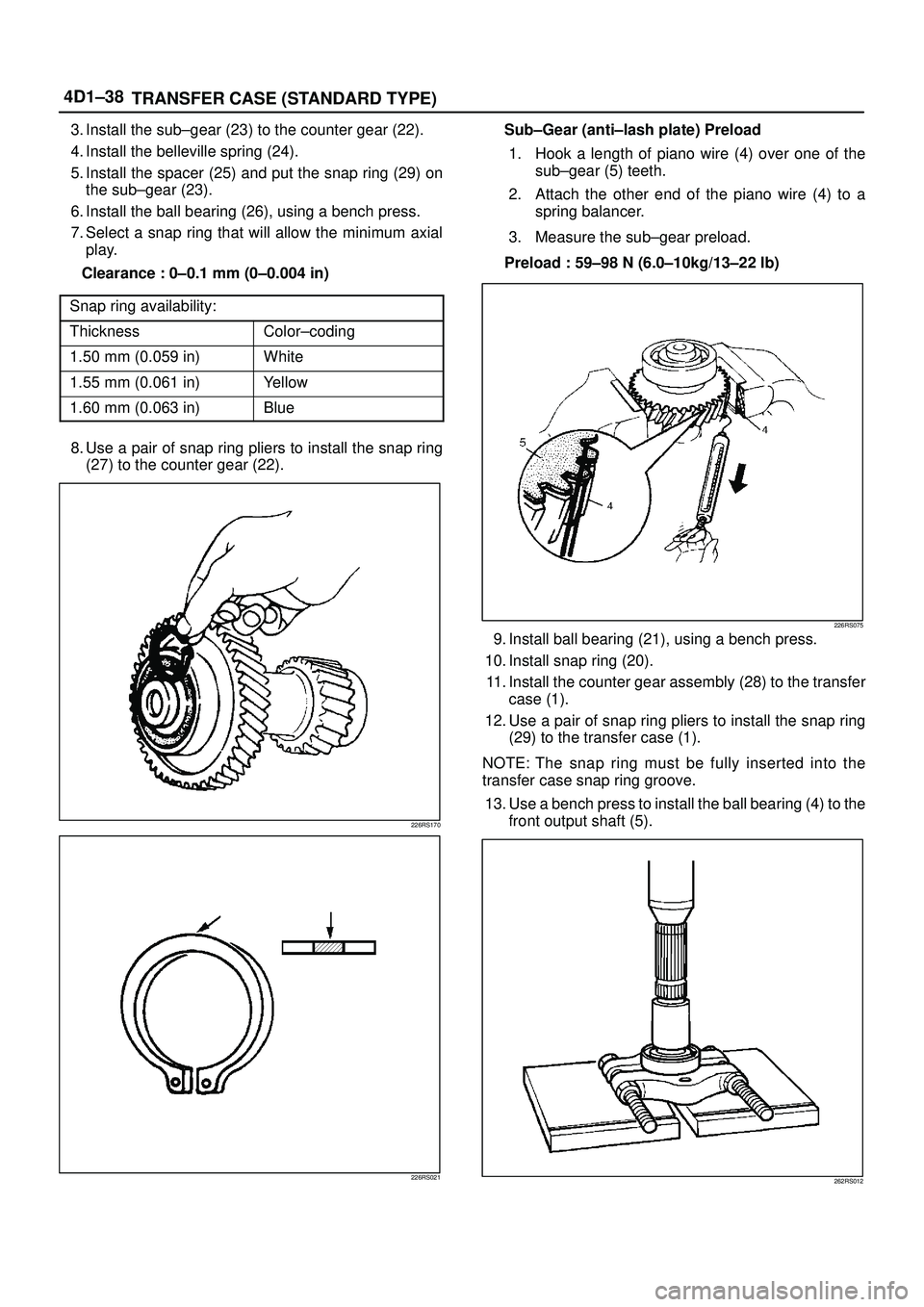 ISUZU TROOPER 1998  Service Repair Manual 4D1±38
TRANSFER CASE (STANDARD TYPE)
3. Install the sub±gear (23) to the counter gear (22).
4. Install the belleville spring (24).
5. Install the spacer (25) and put the snap ring (29) on
the sub±g