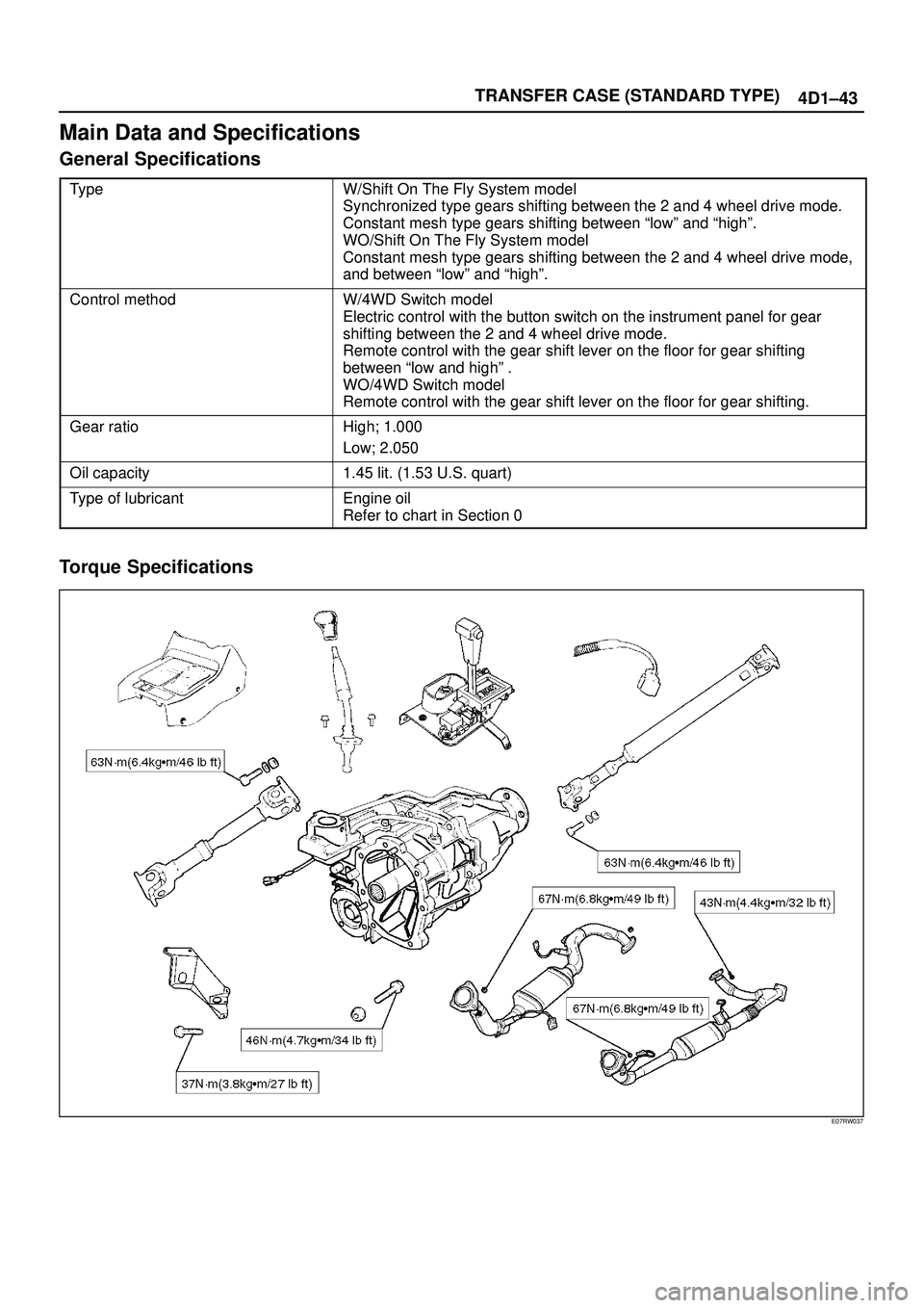 ISUZU TROOPER 1998  Service Repair Manual TRANSFER CASE (STANDARD TYPE)
4D1±43
Main Data and Specifications
General Specifications
TypeW/Shift On The Fly System model
Synchronized type gears shifting between the 2 and 4 wheel drive mode.
Con