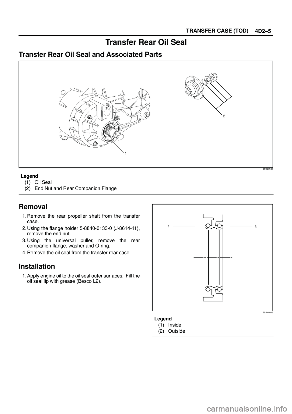 ISUZU TROOPER 1998  Service Repair Manual 4D2±5 TRANSFER CASE (TOD)
Transfer Rear Oil Seal
Transfer Rear Oil Seal and Associated Parts
261RW005
Legend
(1) Oil Seal
(2) End Nut and Rear Companion Flange
Removal
1. Remove the rear propeller sh