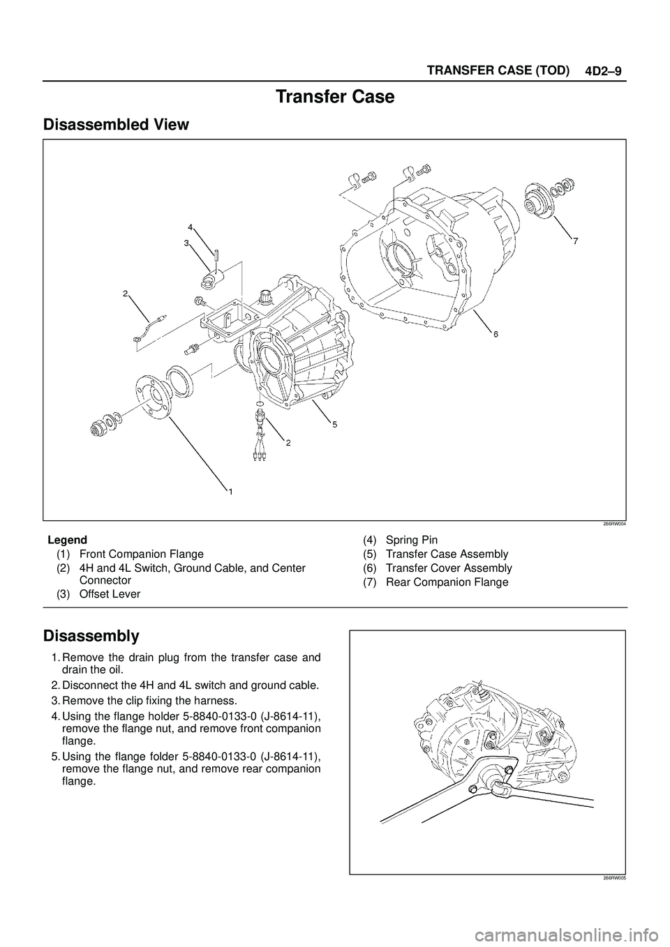 ISUZU TROOPER 1998  Service Repair Manual 4D2±9 TRANSFER CASE (TOD)
Transfer Case
Disassembled View
266RW004
Legend
(1) Front Companion Flange
(2) 4H and 4L Switch, Ground Cable, and Center
Connector
(3) Offset Lever(4) Spring Pin
(5) Transf
