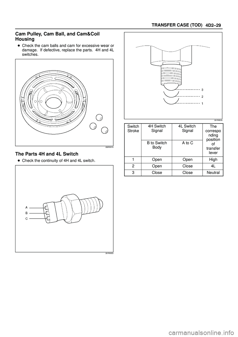 ISUZU TROOPER 1998  Service Repair Manual 4D2±29 TRANSFER CASE (TOD)
Cam Pulley, Cam Ball, and Cam&Coil
Housing
Check the cam balls and cam for excessive wear or
damage.  If defective, replace the parts.  4H and 4L
switches.
266RW016
The Pa