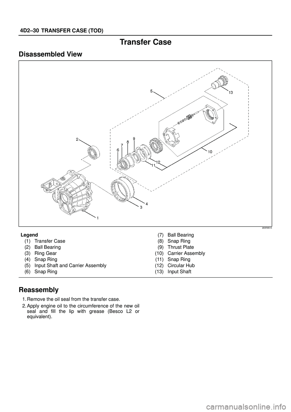 ISUZU TROOPER 1998  Service Repair Manual 4D2±30
TRANSFER CASE (TOD)
Transfer Case
Disassembled View
265RW015
Legend
(1) Transfer Case
(2) Ball Bearing
(3) Ring Gear
(4) Snap Ring
(5) Input Shaft and Carrier Assembly
(6) Snap Ring(7) Ball Be