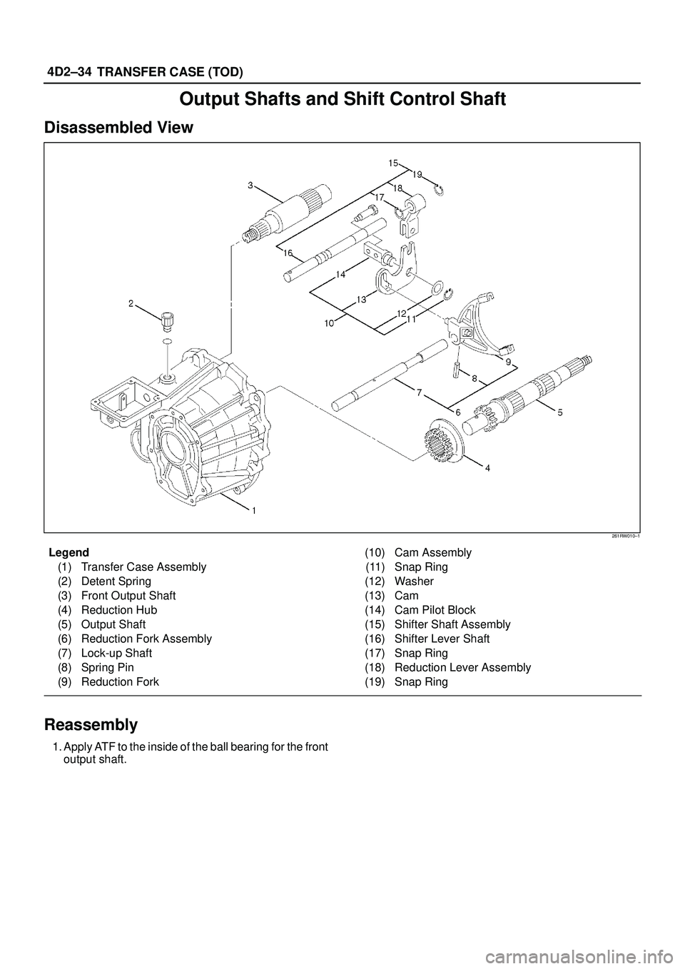 ISUZU TROOPER 1998  Service Repair Manual 4D2±34
TRANSFER CASE (TOD)
Output Shafts and Shift Control Shaft
Disassembled View
261RW010±1
Legend
(1) Transfer Case Assembly
(2) Detent Spring
(3) Front Output Shaft
(4) Reduction Hub
(5) Output 