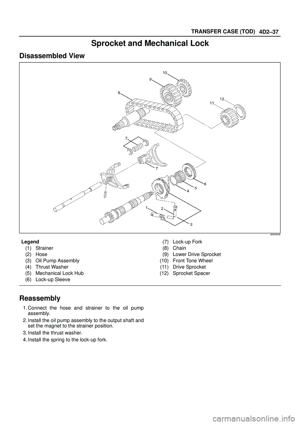 ISUZU TROOPER 1998  Service Workshop Manual 4D2±37 TRANSFER CASE (TOD)
Sprocket and Mechanical Lock
Disassembled View
266RW008
Legend
(1) Strainer
(2) Hose
(3) Oil Pump Assembly
(4) Thrust Washer
(5) Mechanical Lock Hub
(6) Lock-up Sleeve(7) L