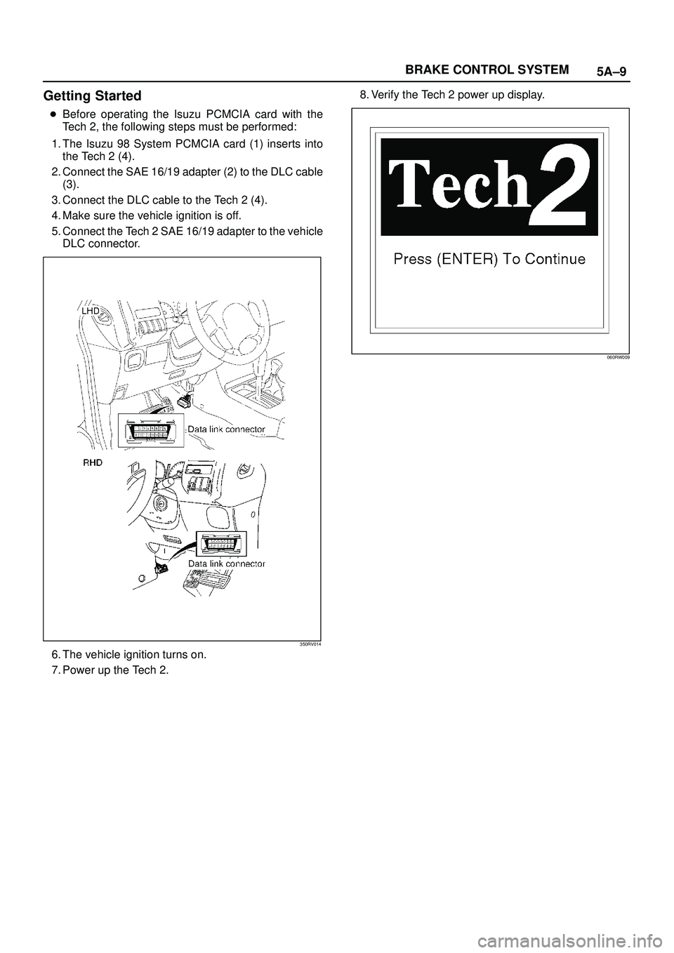 ISUZU TROOPER 1998  Service User Guide 5A±9 BRAKE CONTROL SYSTEM
Getting Started
Before operating the Isuzu PCMCIA card with the
Tech 2, the following steps must be performed:
1. The Isuzu 98 System PCMCIA card (1) inserts into
the Tech 
