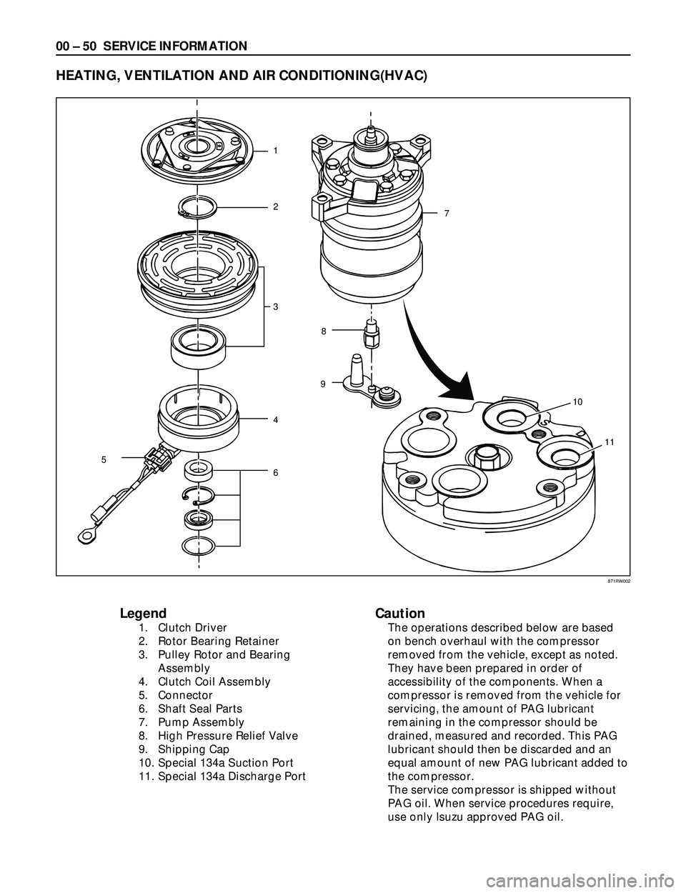 ISUZU TROOPER 1998  Service Repair Manual 00 Ð 50 SERVICE INFORMATION
Legend
1. Clutch Driver
2. Rotor Bearing Retainer
3. Pulley Rotor and Bearing
Assembly
4. Clutch Coil Assembly
5. Connector
6. Shaft Seal Parts
7. Pump Assembly
8. High Pr