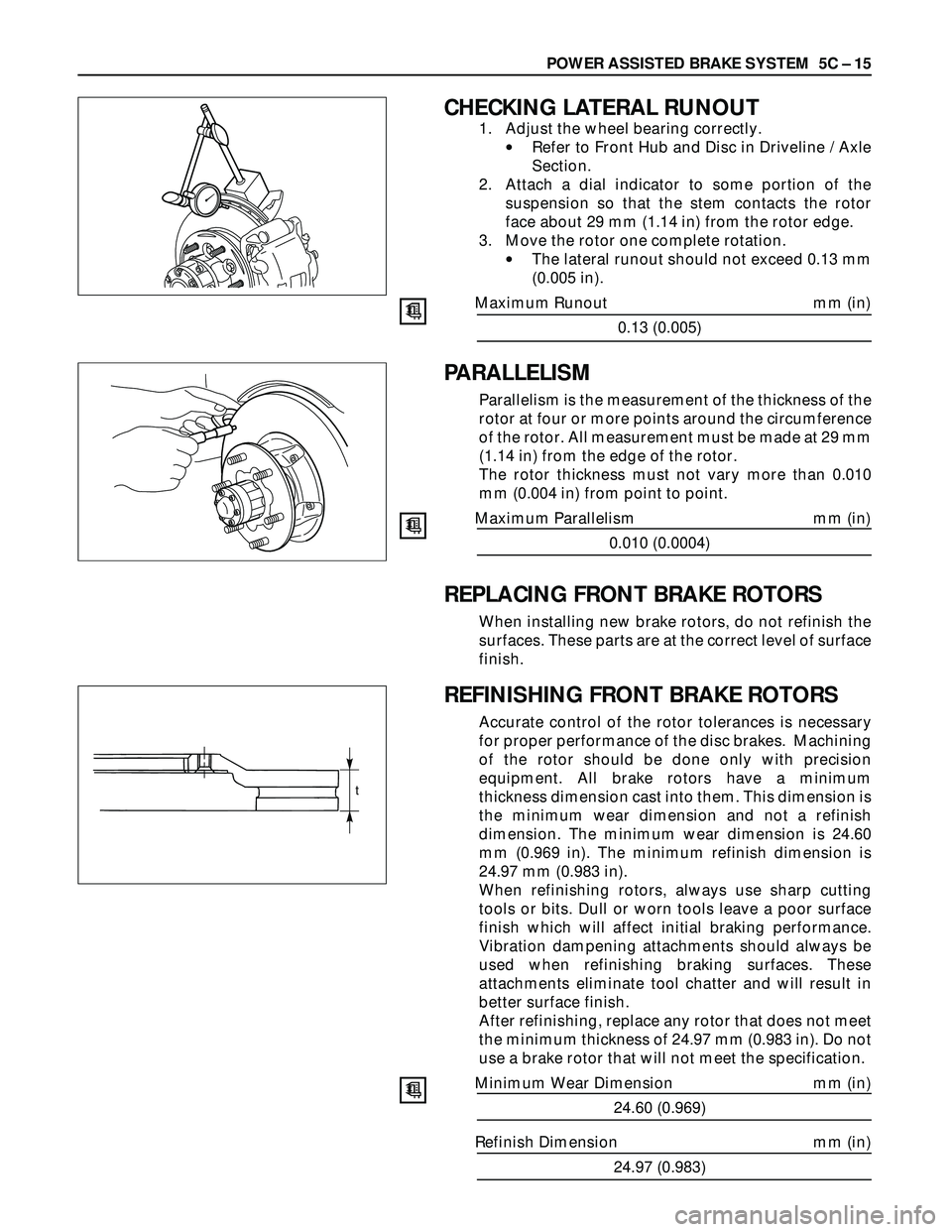 ISUZU TROOPER 1998 Service Repair Manual POWER ASSISTED BRAKE SYSTEM 5C – 15
CHECKING LATERAL RUNOUT
1. Adjust the wheel bearing correctly.
•Refer to Front Hub and Disc in Driveline / Axle
Section.
2. Attach a dial indicator to some por ISUZU TROOPER 1998 Service Repair Manual POWER ASSISTED BRAKE SYSTEM 5C – 15
CHECKING LATERAL RUNOUT
1. Adjust the wheel bearing correctly.
•Refer to Front Hub and Disc in Driveline / Axle
Section.
2. Attach a dial indicator to some por