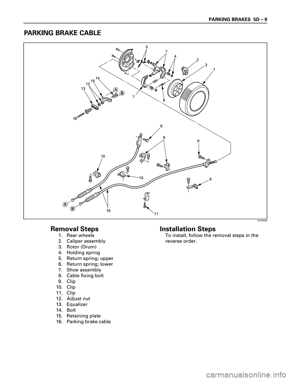 ISUZU TROOPER 1998  Service Repair Manual PARKING BRAKES  5D Ð 9
PARKING BRAKE CABLE
5
7
4
2
3
1
6 7
1215
1314
AB
108
9
10
11 169 8
AB
Removal Steps
1. Rear wheels
2. Caliper assembly
3. Rotor (Drum)
4. Holding spring
5. Return spring; upper