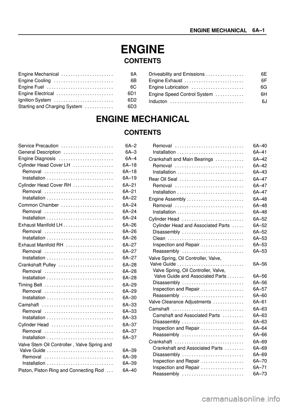 ISUZU TROOPER 1998  Service Repair Manual 6A±1
ENGINE MECHANICAL
ENGINE
CONTENTS
Engine Mechanical 6A. . . . . . . . . . . . . . . . . . . . . . 
Engine Cooling 6B. . . . . . . . . . . . . . . . . . . . . . . . . 
Engine Fuel 6C. . . . . . .