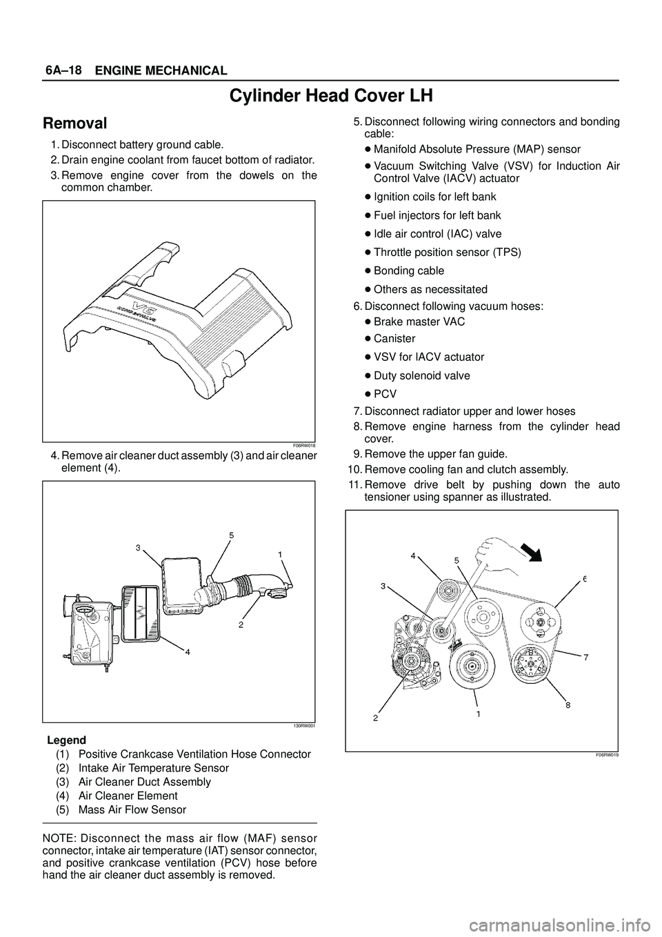 ISUZU TROOPER 1998 Service Repair Manual 6A±18
ENGINE MECHANICAL
Cylinder Head Cover LH
Removal
1. Disconnect battery ground cable.
2. Drain engine coolant from faucet bottom of radiator.
3. Remove engine cover from the dowels on the
common ISUZU TROOPER 1998 Service Repair Manual 6A±18
ENGINE MECHANICAL
Cylinder Head Cover LH
Removal
1. Disconnect battery ground cable.
2. Drain engine coolant from faucet bottom of radiator.
3. Remove engine cover from the dowels on the
common