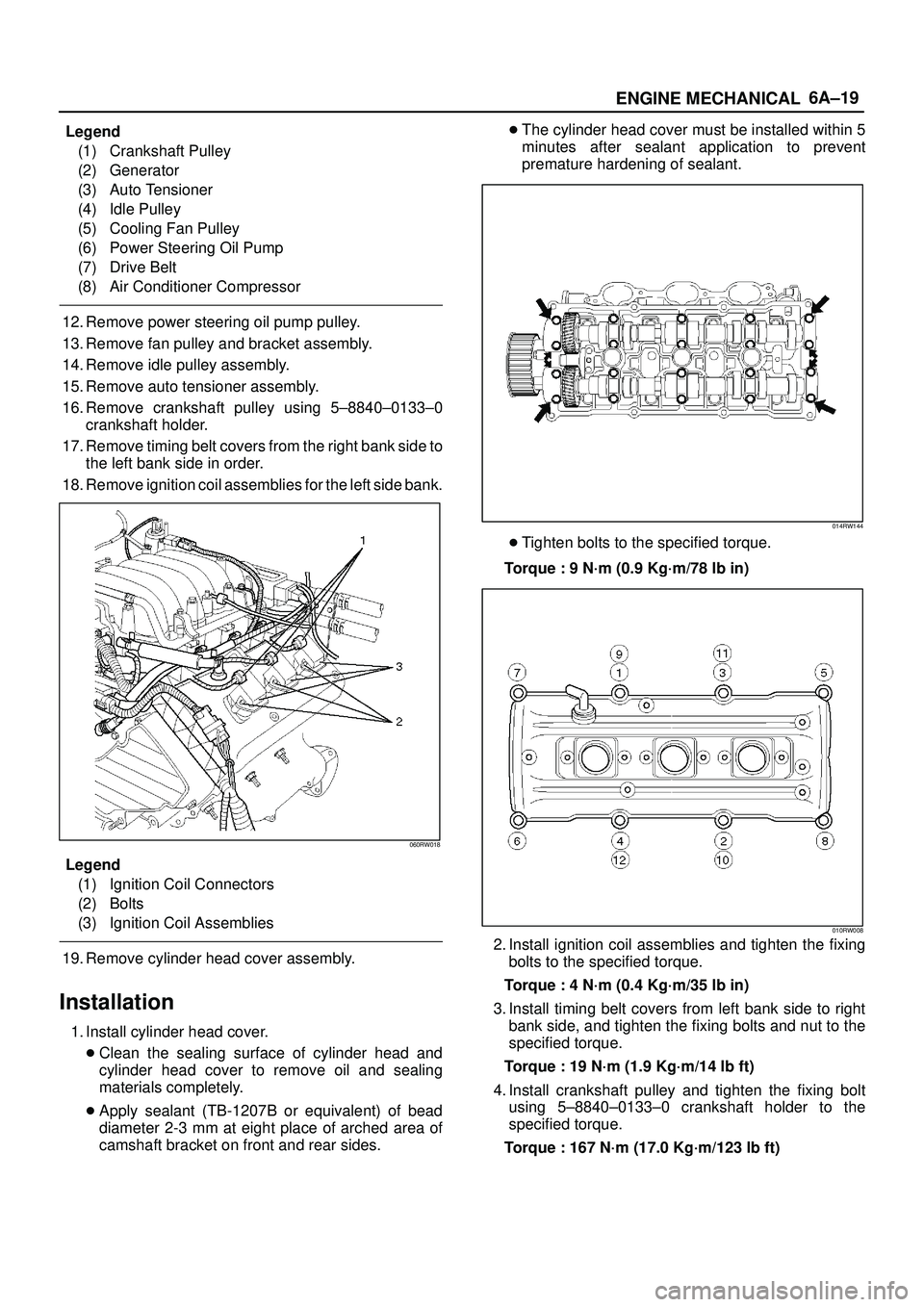 ISUZU TROOPER 1998  Service Workshop Manual 6A±19
ENGINE MECHANICAL
Legend
(1) Crankshaft Pulley
(2) Generator
(3) Auto Tensioner
(4) Idle Pulley
(5) Cooling Fan Pulley
(6) Power Steering Oil Pump
(7) Drive Belt
(8) Air Conditioner Compressor
