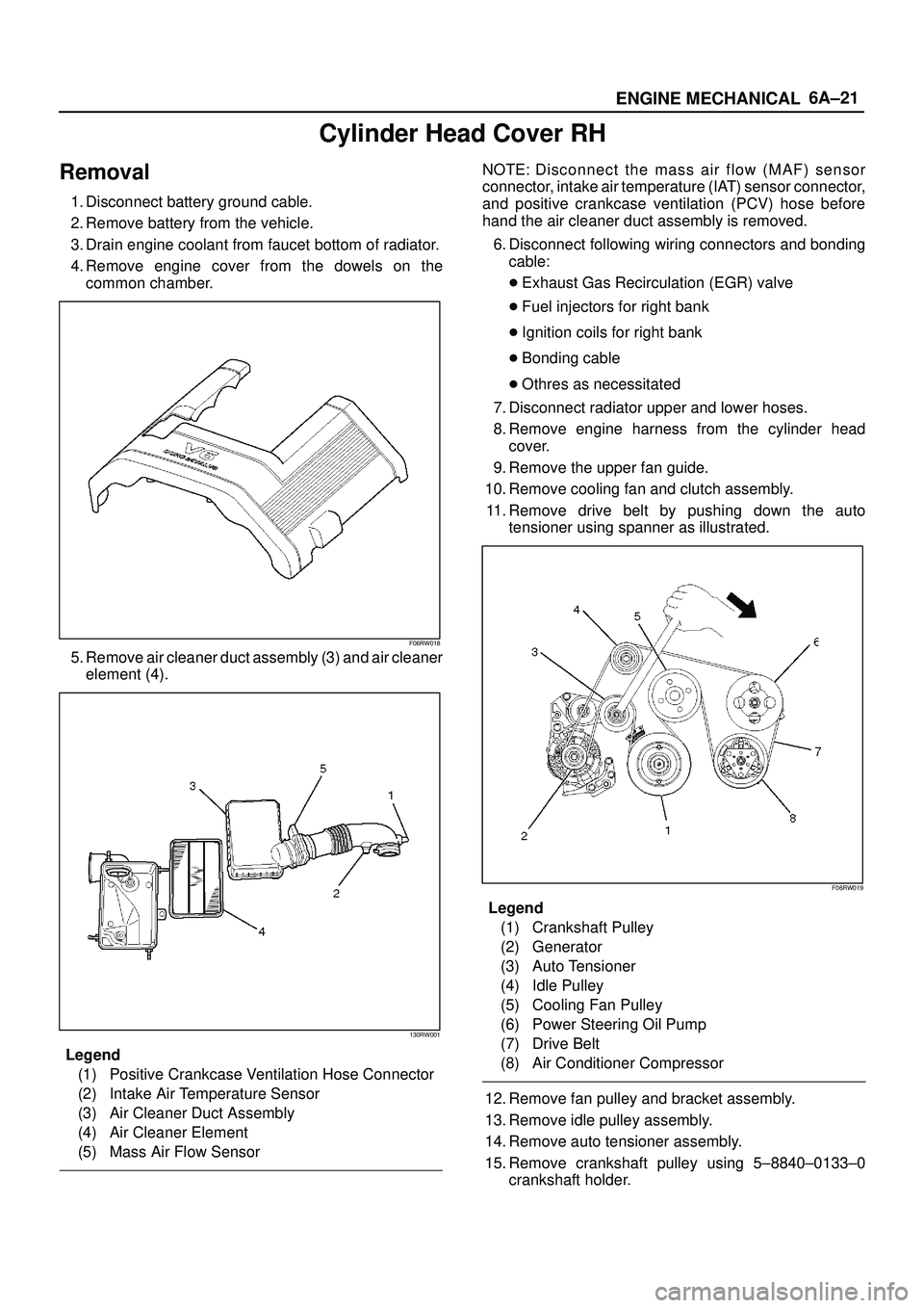ISUZU TROOPER 1998  Service Repair Manual 6A±21
ENGINE MECHANICAL
Cylinder Head Cover RH
Removal
1. Disconnect battery ground cable.
2. Remove battery from the vehicle.
3. Drain engine coolant from faucet bottom of radiator.
4. Remove engine