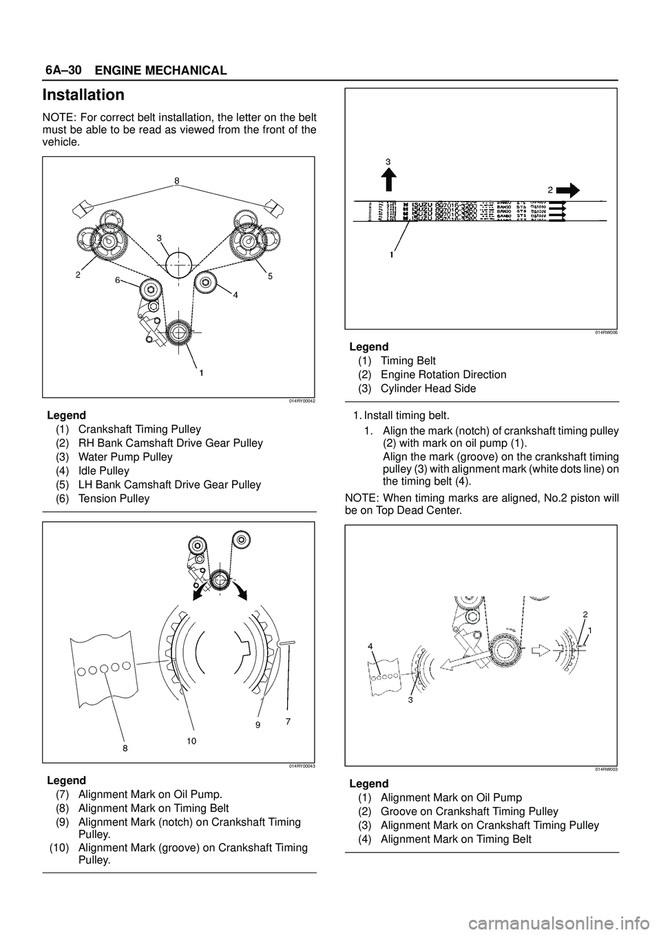 ISUZU TROOPER 1998  Service Repair Manual 6A±30
ENGINE MECHANICAL
Installation
NOTE: For correct belt installation, the letter on the belt
must be able to be read as viewed from the front of the
vehicle.
014RY00042
Legend
(1) Crankshaft Timi