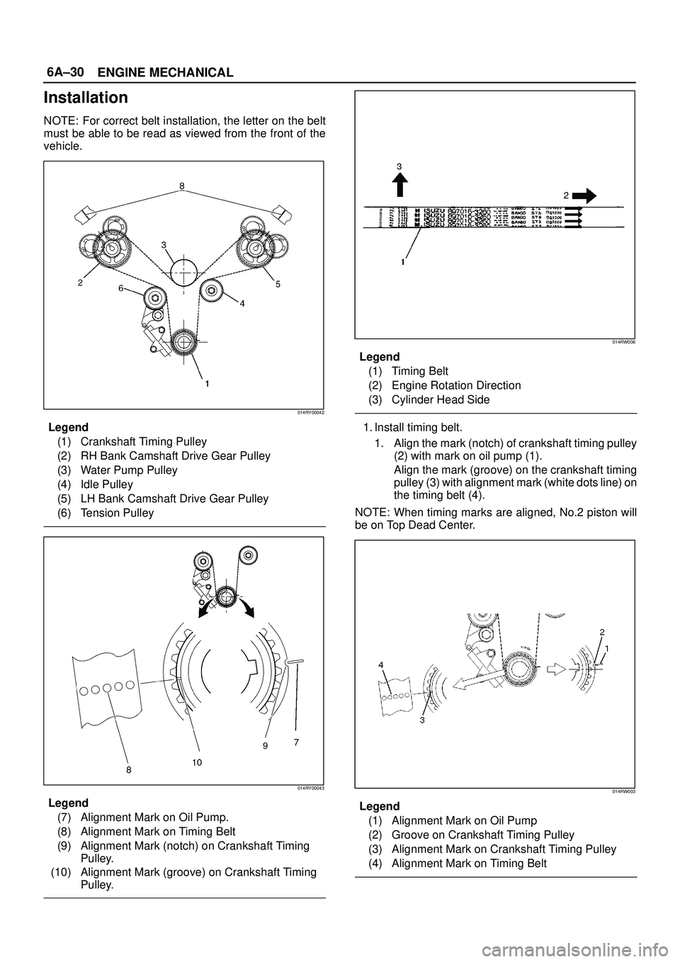 ISUZU TROOPER 1998  Service Workshop Manual 6A±30
ENGINE MECHANICAL
Installation
NOTE: For correct belt installation, the letter on the belt
must be able to be read as viewed from the front of the
vehicle.
014RY00042
Legend
(1) Crankshaft Timi