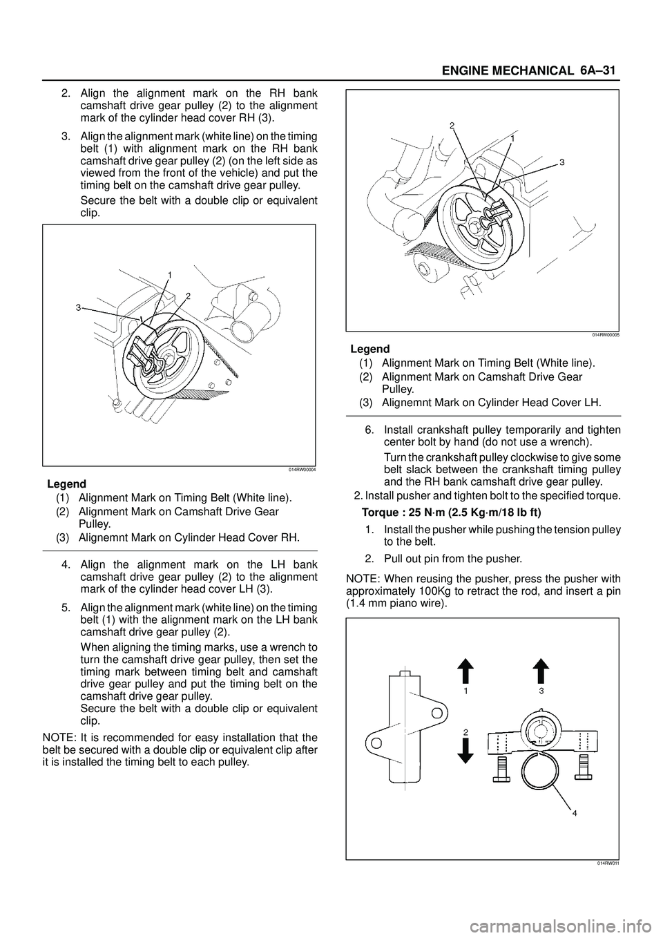 ISUZU TROOPER 1998  Service User Guide 6A±31
ENGINE MECHANICAL
2. Align the alignment mark on the RH bank
camshaft drive gear pulley (2) to the alignment
mark of the cylinder head cover RH (3).
3. Align the alignment mark (white line) on 