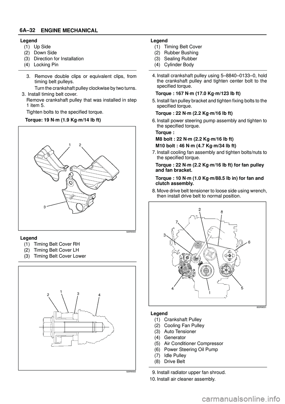ISUZU TROOPER 1998  Service Repair Manual 6A±32
ENGINE MECHANICAL
Legend
(1) Up Side
(2) Down Side
(3) Direction for Installation
(4) Locking Pin
3. Remove double clips or equivalent clips, from
timing belt pulleys.
Turn the crankshaft pulle