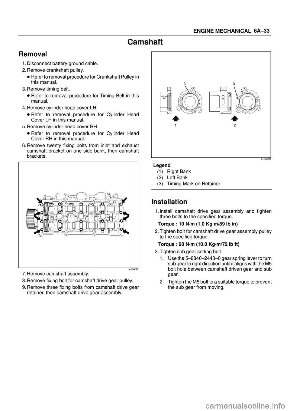 ISUZU TROOPER 1998  Service Repair Manual 6A±33
ENGINE MECHANICAL
Camshaft
Removal
1. Disconnect battery ground cable.
2. Remove crankshaft pulley.
Refer to removal procedure for Crankshaft Pulley in
this manual.
3. Remove timing belt.
Ref