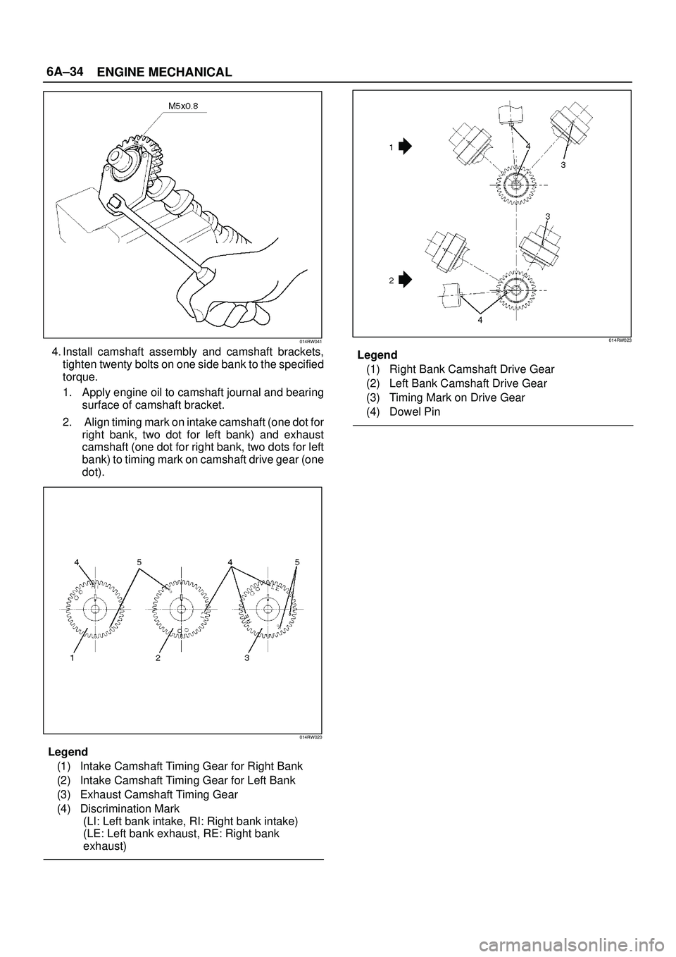 ISUZU TROOPER 1998  Service Repair Manual 6A±34
ENGINE MECHANICAL
014RW041
4. Install camshaft assembly and camshaft brackets,
tighten twenty bolts on one side bank to the specified
torque.
1. Apply engine oil to camshaft journal and bearing