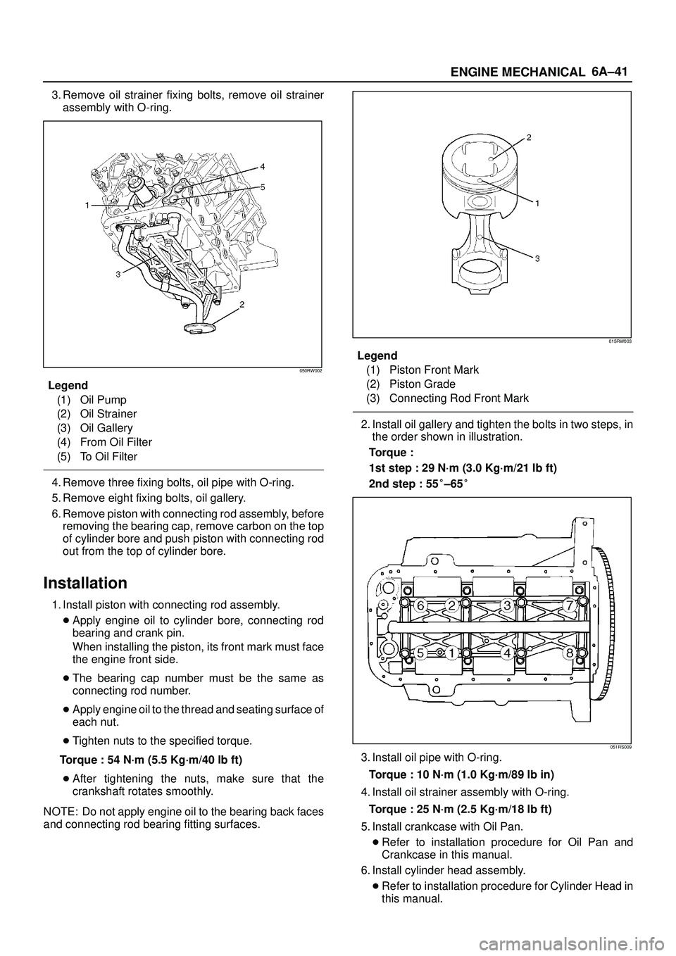 ISUZU TROOPER 1998  Service Repair Manual 6A±41
ENGINE MECHANICAL
3. Remove oil strainer fixing bolts, remove oil strainer
assembly with O-ring.
050RW002
Legend
(1) Oil Pump
(2) Oil Strainer
(3) Oil Gallery
(4) From Oil Filter
(5) To Oil Fil