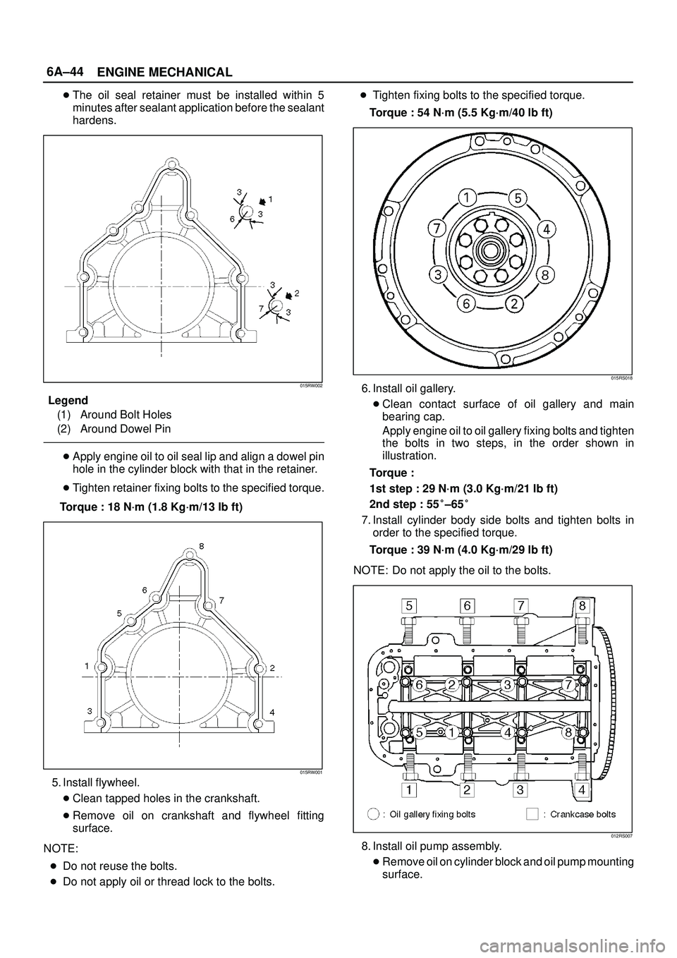 ISUZU TROOPER 1998  Service Owners Guide 6A±44
ENGINE MECHANICAL
The oil seal retainer must be installed within 5
minutes after sealant application before the sealant
hardens.
015RW002
Legend
(1) Around Bolt Holes
(2) Around Dowel Pin
App