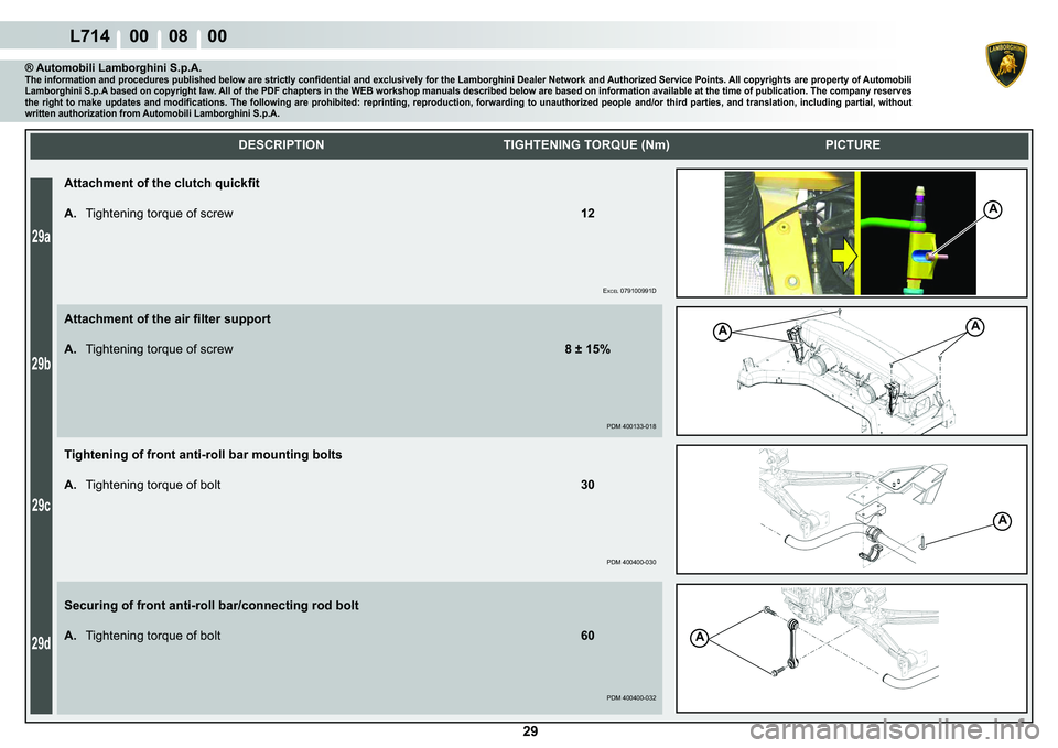 LAMBORGHINI GALLARDO 2009 Owners Guide 29a
29b
29c
29d
L714    00    08    00
 29 
A
A
A
AA
    
DESCRIPTION TIGHTENING TORQUE (Nm) PICTURE
® Automobili Lamborghini S.p.A.�7�K�H��L�Q�I�R�U�P�D�W�L�R�Q��D�Q�G��S�U�R�F�H�G�X�U�H�V��S�X�