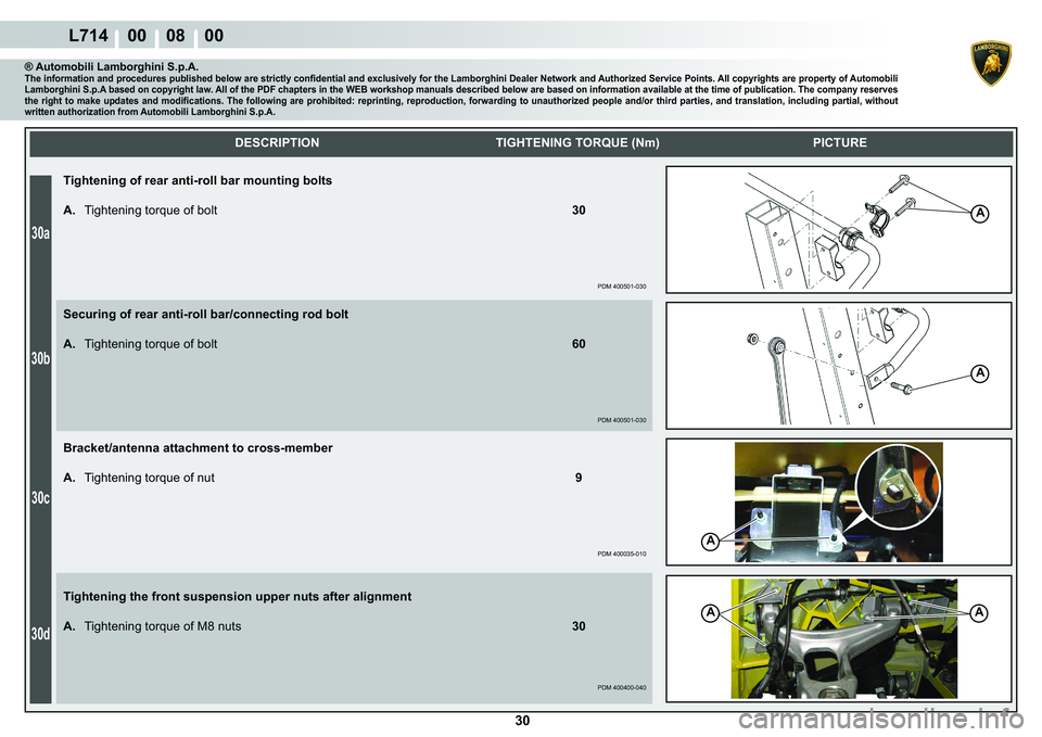 LAMBORGHINI GALLARDO 2009 Owners Guide 30a
30b
30c
30d
L714    00    08    00
 30 
A
AA
A
A
    
DESCRIPTION TIGHTENING TORQUE (Nm) PICTURE
® Automobili Lamborghini S.p.A.�7�K�H��L�Q�I�R�U�P�D�W�L�R�Q��D�Q�G��S�U�R�F�H�G�X�U�H�V��S�X�