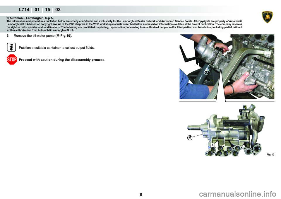 LAMBORGHINI GALLARDO 2009  Workshop Manual 5
L714    01 15    03
Fig.10
M
® Automobili Lamborghini S.p.A.�7�K�H��L�Q�I�R�U�P�D�W�L�R�Q��D�Q�G��S�U�R�F�H�G�X�U�H�V��S�X�E�O�L�V�K�H�G��E�H�O�R�Z��D�U�H��V�W�U�L�F�W�O�\��F�R�Q�¿�G�H�Q�W