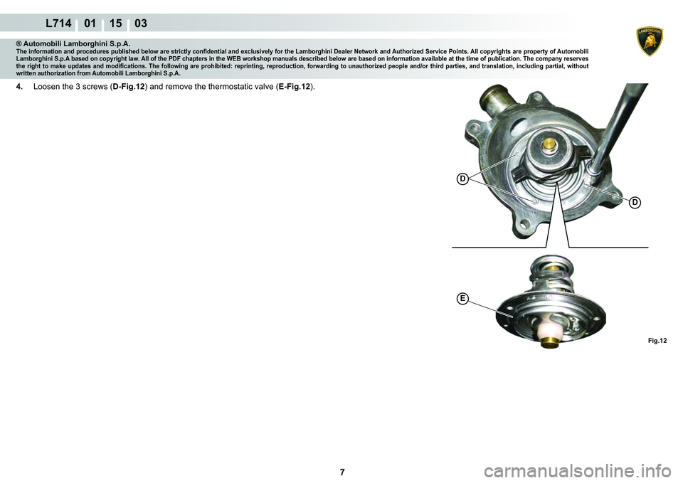 LAMBORGHINI GALLARDO 2009  Workshop Manual 7
L714    01 15    03
Fig.12
D
D
�(
® Automobili Lamborghini S.p.A.�7�K�H��L�Q�I�R�U�P�D�W�L�R�Q��D�Q�G��S�U�R�F�H�G�X�U�H�V��S�X�E�O�L�V�K�H�G��E�H�O�R�Z��D�U�H��V�W�U�L�F�W�O�\��F�R�Q�¿�G�