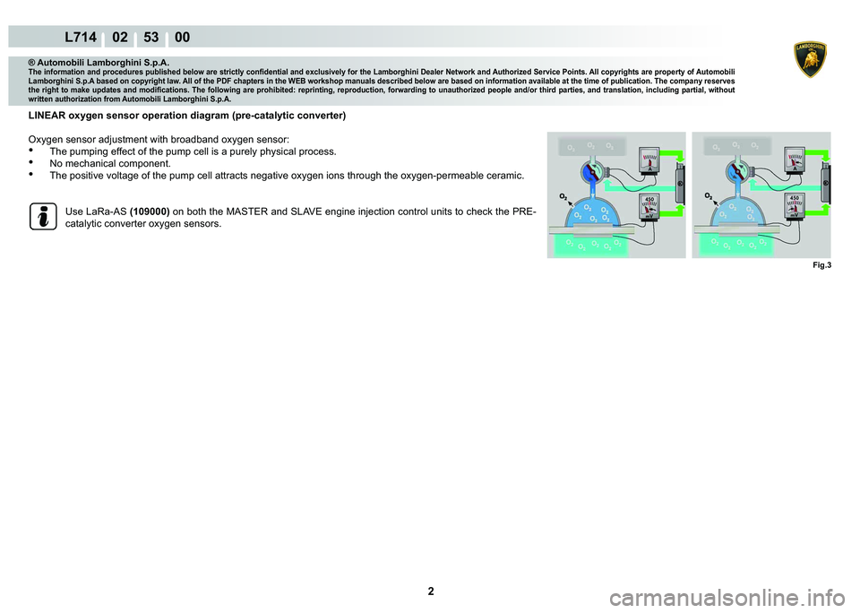 LAMBORGHINI GALLARDO 2009  Workshop Manual 2
L714    02    53    00
Fig.3
® Automobili Lamborghini S.p.A.�7�K�H��L�Q�I�R�U�P�D�W�L�R�Q��D�Q�G��S�U�R�F�H�G�X�U�H�V��S�X�E�O�L�V�K�H�G��E�H�O�R�Z��D�U�H��V�W�U�L�F�W�O�\��F�R�Q�¿�G�H�Q�W