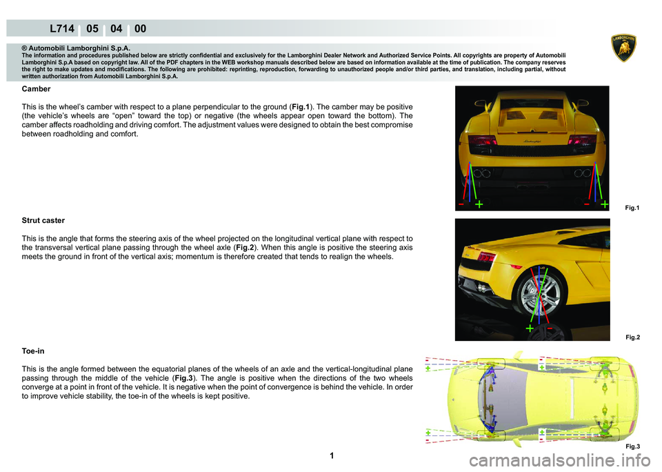 LAMBORGHINI GALLARDO 2009  Workshop Manual  1 
L714    05    04    00
Fig.1
Fig.3
Fig.2
® Automobili Lamborghini S.p.A.�7�K�H��L�Q�I�R�U�P�D�W�L�R�Q��D�Q�G��S�U�R�F�H�G�X�U�H�V��S�X�E�O�L�V�K�H�G��E�H�O�R�Z��D�U�H��V�W�U�L�F�W�O�\��F�