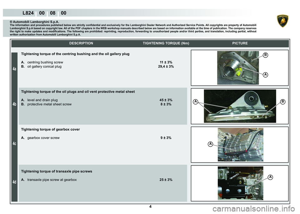 LAMBORGHINI MURCIÉLAGO 2009  Service Repair Manual 4
4a
4b
4c
4d
L824    00    08    00
B
A
AB
A
A
    DESCRIPTION TIGHTENING TORQUE (Nm) PICTURE
® Automobili Lamborghini S.p.A.�7�K�H��L�Q�I�R�U�P�D�W�L�R�Q��D�Q�G��S�U�R�F�H�G�X�U�H�V��S�X�E�O�L�