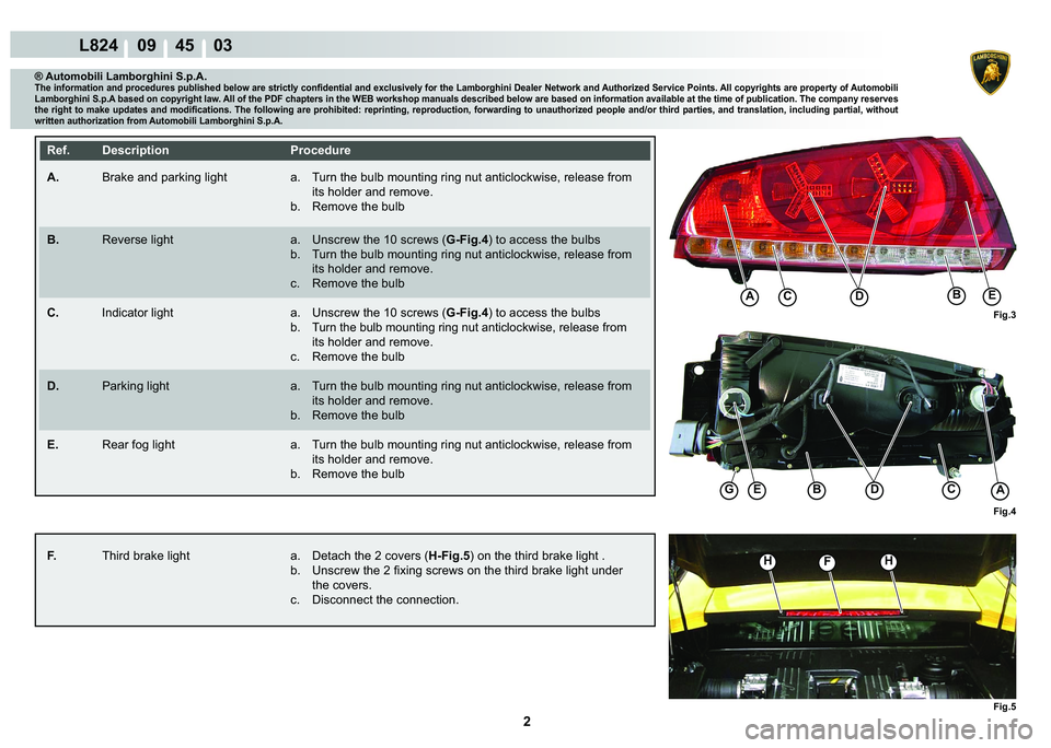 LAMBORGHINI MURCIÉLAGO 2009  Service Repair Manual 2
L824    09    45    03
Fig.3 Fig.4
C�(B
ACB�(
A�
�
Fig.5
HHF
G
® Automobili Lamborghini S.p.A.
�7�K�H��L�Q�I�R�U�P�D�W�L�R�Q��D�Q�G��S�U�R�F�H�G�X�U�H�V��S�X�E�O�L�V�K�H�G��E�H�O�R�Z��D�U�H