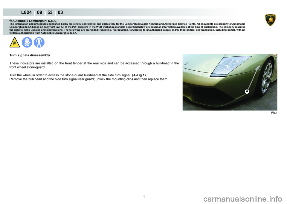 LAMBORGHINI MURCIÉLAGO 2009  Service Repair Manual  1 
L824    09    53    03
Fig.1
A
® Automobili Lamborghini S.p.A.
�7�K�H��L�Q�I�R�U�P�D�W�L�R�Q��D�Q�G��S�U�R�F�H�G�X�U�H�V��S�X�E�O�L�V�K�H�G��E�H�O�R�Z��D�U�H��V�W�U�L�F�W�O�\��F�R�Q�¿�G�