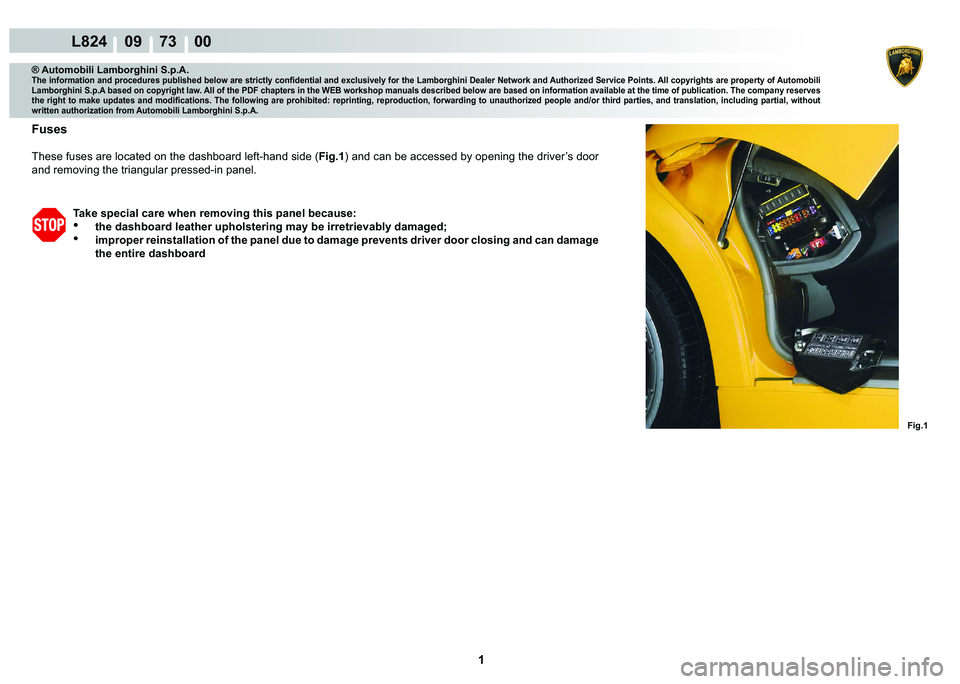 LAMBORGHINI MURCIÉLAGO 2009  Service Repair Manual  1 
L824    09    73    00
Fig.1
® Automobili Lamborghini S.p.A.�7�K�H��L�Q�I�R�U�P�D�W�L�R�Q��D�Q�G��S�U�R�F�H�G�X�U�H�V��S�X�E�O�L�V�K�H�G��E�H�O�R�Z��D�U�H��V�W�U�L�F�W�O�\��F�R�Q�¿�G�H�Q