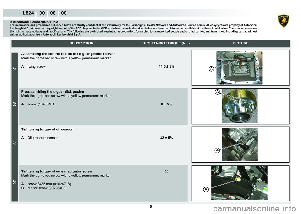 LAMBORGHINI MURCIÉLAGO 2009  Service Repair Manual 8
8a
8b
8c
8d
L824    00    08    00
A
A
A
A
    
DESCRIPTION TIGHTENING TORQUE (Nm) PICTURE
® Automobili Lamborghini S.p.A.�7�K�H��L�Q�I�R�U�P�D�W�L�R�Q��D�Q�G��S�U�R�F�H�G�X�U�H�V��S�X�E�O�L�V�
