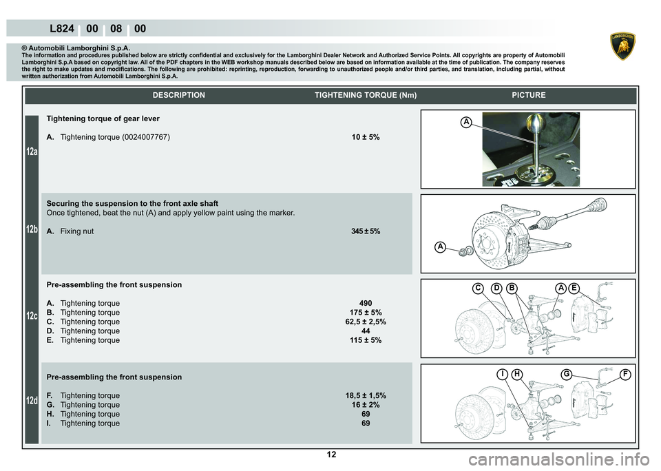 LAMBORGHINI MURCIÉLAGO 2009  Service Repair Manual 12
12a
12b
12c
12d
L824    00    08    00
A
BDCAE
IHGF
A
    
DESCRIPTION TIGHTENING TORQUE (Nm) PICTURE
® Automobili Lamborghini S.p.A.�7�K�H��L�Q�I�R�U�P�D�W�L�R�Q��D�Q�G��S�U�R�F�H�G�X�U�H�V��