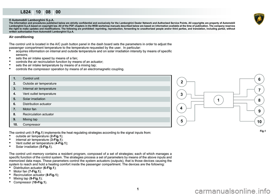 LAMBORGHINI MURCIÉLAGO 2009  Service Repair Manual  1 
L824 10    08    00
Fig.1
® Automobili Lamborghini S.p.A.�7�K�H��L�Q�I�R�U�P�D�W�L�R�Q��D�Q�G��S�U�R�F�H�G�X�U�H�V��S�X�E�O�L�V�K�H�G��E�H�O�R�Z��D�U�H��V�W�U�L�F�W�O�\��F�R�Q�¿�G�H�Q�W�