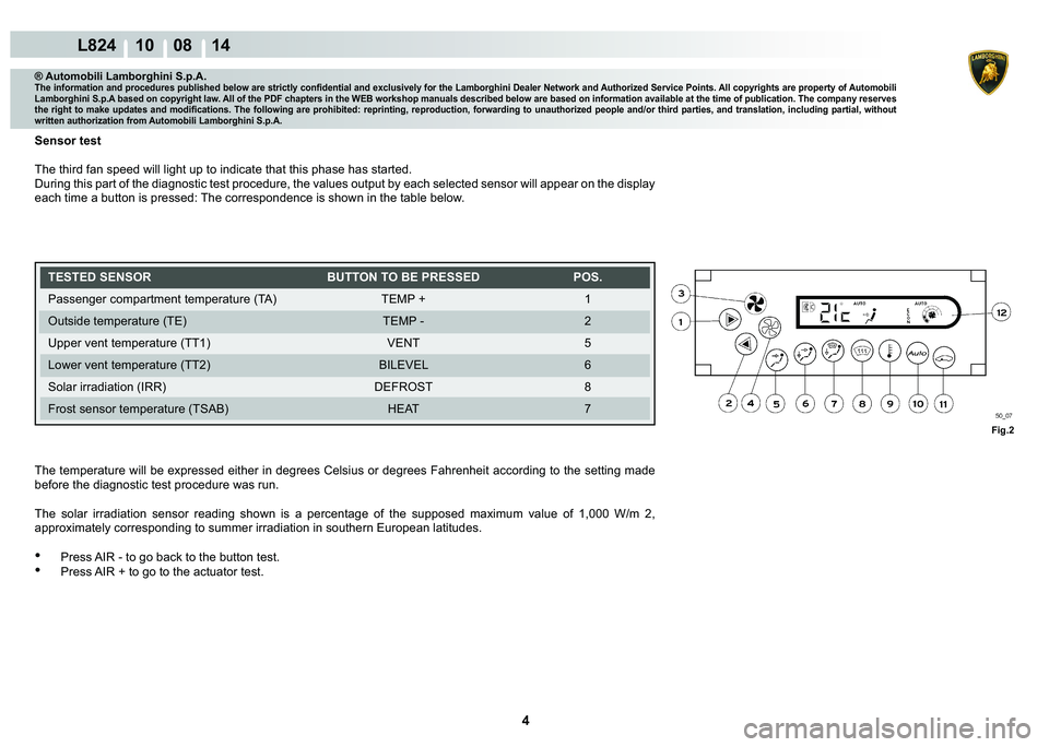LAMBORGHINI MURCIÉLAGO 2009  Service Repair Manual 4
L824 10    08 14
�)�L�J��
® Automobili Lamborghini S.p.A.�7�K�H��L�Q�I�R�U�P�D�W�L�R�Q��D�Q�G��S�U�R�F�H�G�X�U�H�V��S�X�E�O�L�V�K�H�G��E�H�O�R�Z��D�U�H��V�W�U�L�F�W�O�\��F�R�Q�¿�G�H�Q�W�