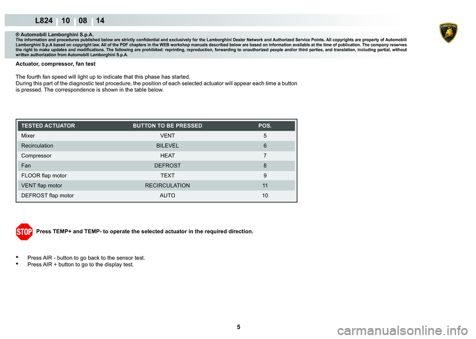 LAMBORGHINI MURCIÉLAGO 2009  Service Repair Manual  5 
L824 10    08 14
® Automobili Lamborghini S.p.A.�7�K�H��L�Q�I�R�U�P�D�W�L�R�Q��D�Q�G��S�U�R�F�H�G�X�U�H�V��S�X�E�O�L�V�K�H�G��E�H�O�R�Z��D�U�H��V�W�U�L�F�W�O�\��F�R�Q�¿�G�H�Q�W�L�D�O��D